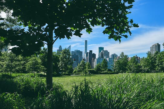 A vibrant city skyline with green parks