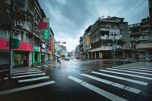 busy urban street with bicycle lanes