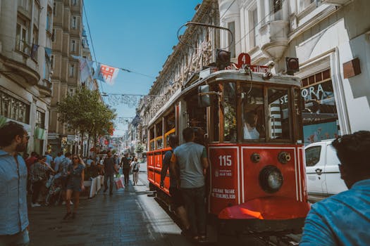 bustling city streets with public transport