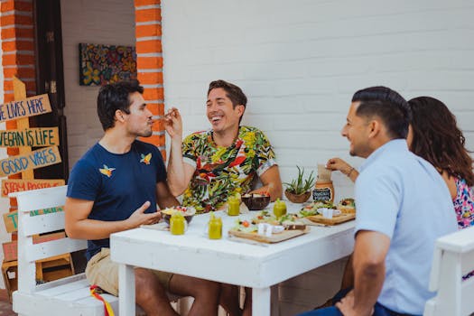 A group of friends enjoying a plant-based meal together