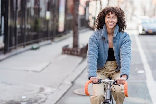 happy cyclist riding through the city